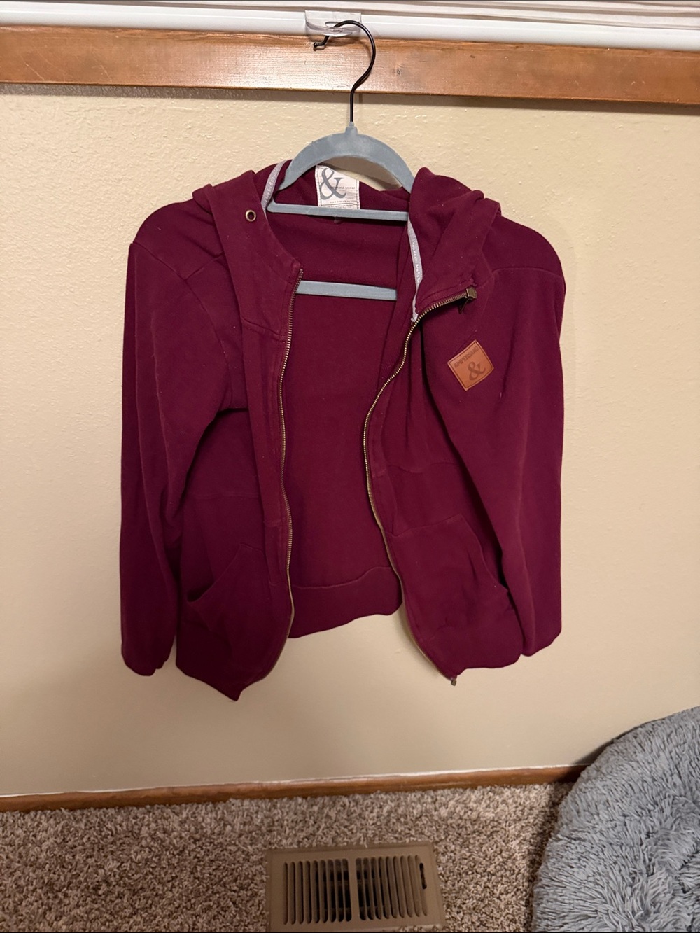 AMPERSAND AVE Maroon Zip Hoodie with Leather Patch